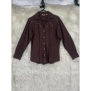 Wrangler Women’s Western Snap Shirt Brown Pinstripe Studded Rhinestone sz L